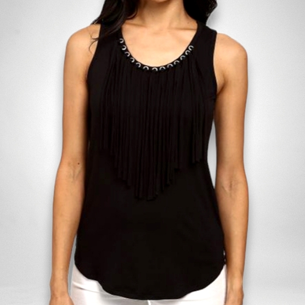 MICHAEL KORS - Black Fringed Sleeveless Top - Size XS